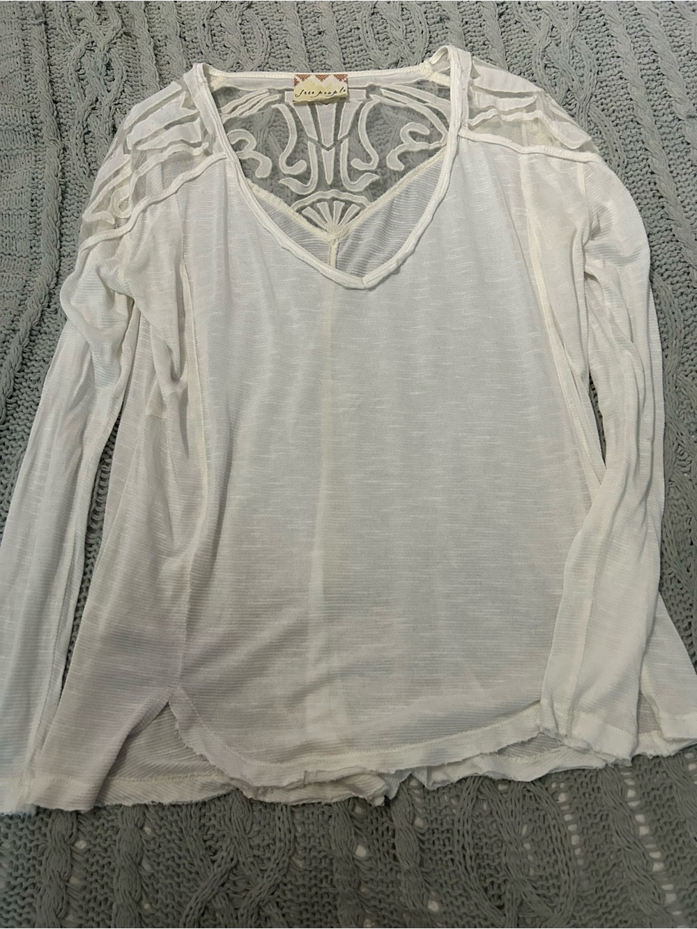 Vintage Free People Ivory Embroidered V-Neck Long Sleeve Top